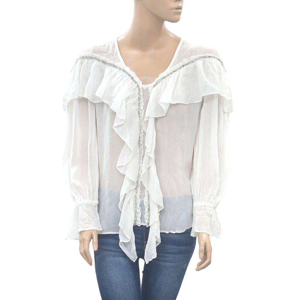 Uterque Embellished Blouse Shirt Top Beaded Ruffle Ivory Bell Sleeve S-26 202350